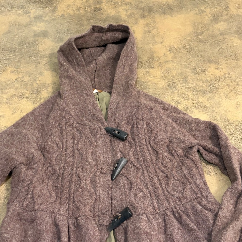 Free People Cardigan Women Small Brown Lambswool Cable Knit Toggle Hooded 1071